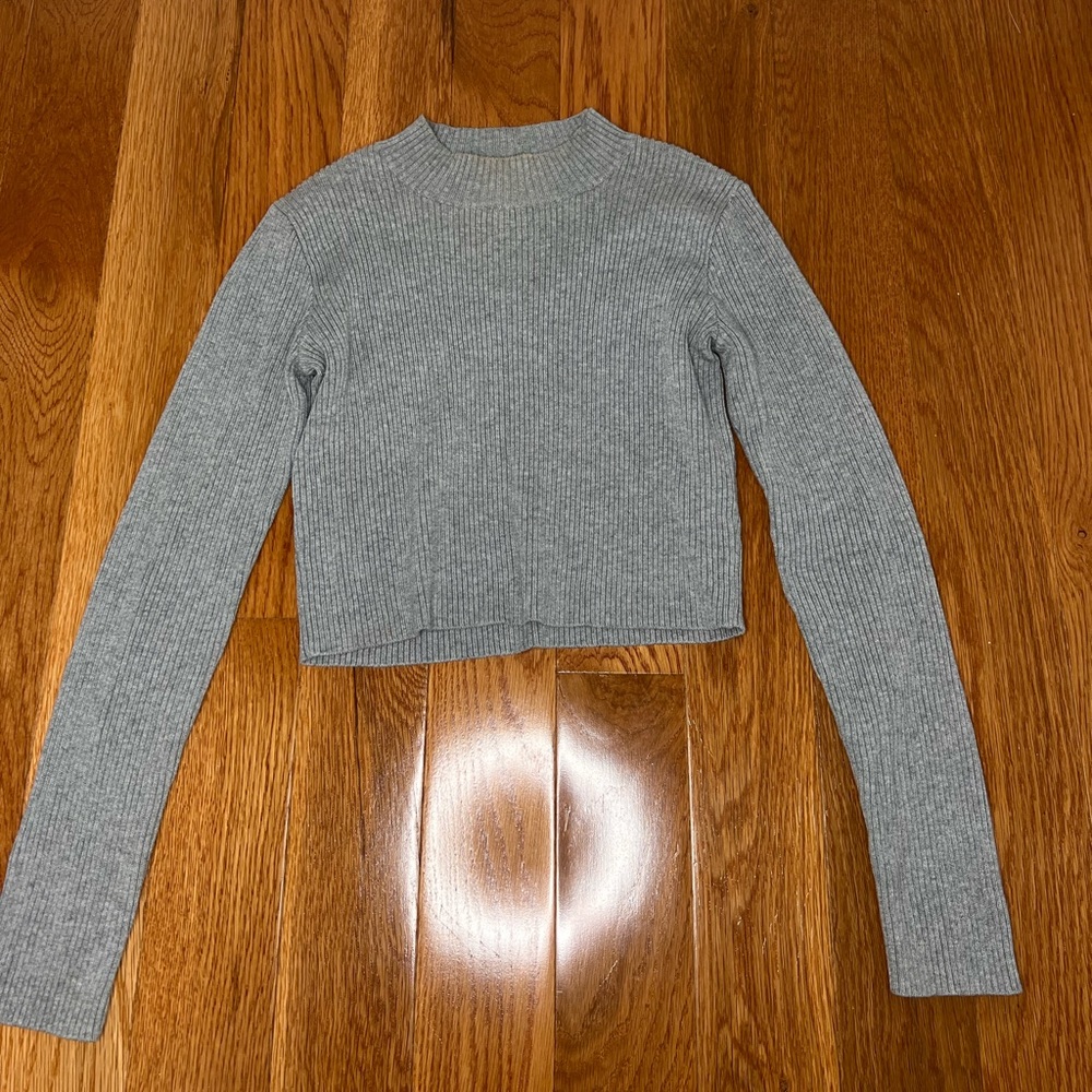 Tight grey long sleeve cropped turtleneck
